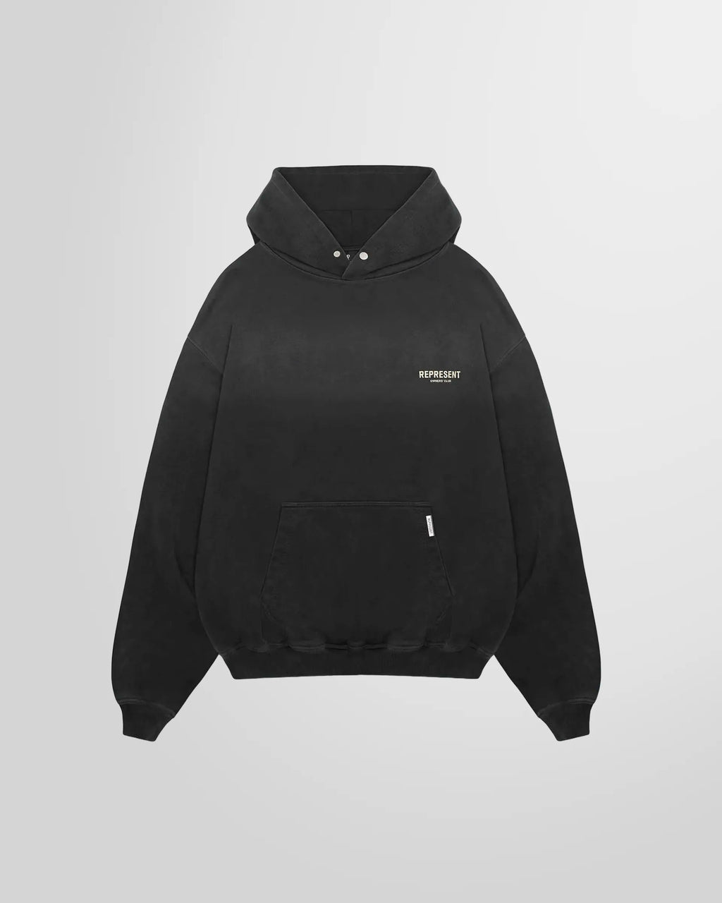 Front view of the Represent Owners' Club Hoodie in aged black, showing the chest print and kangaroo pocket.