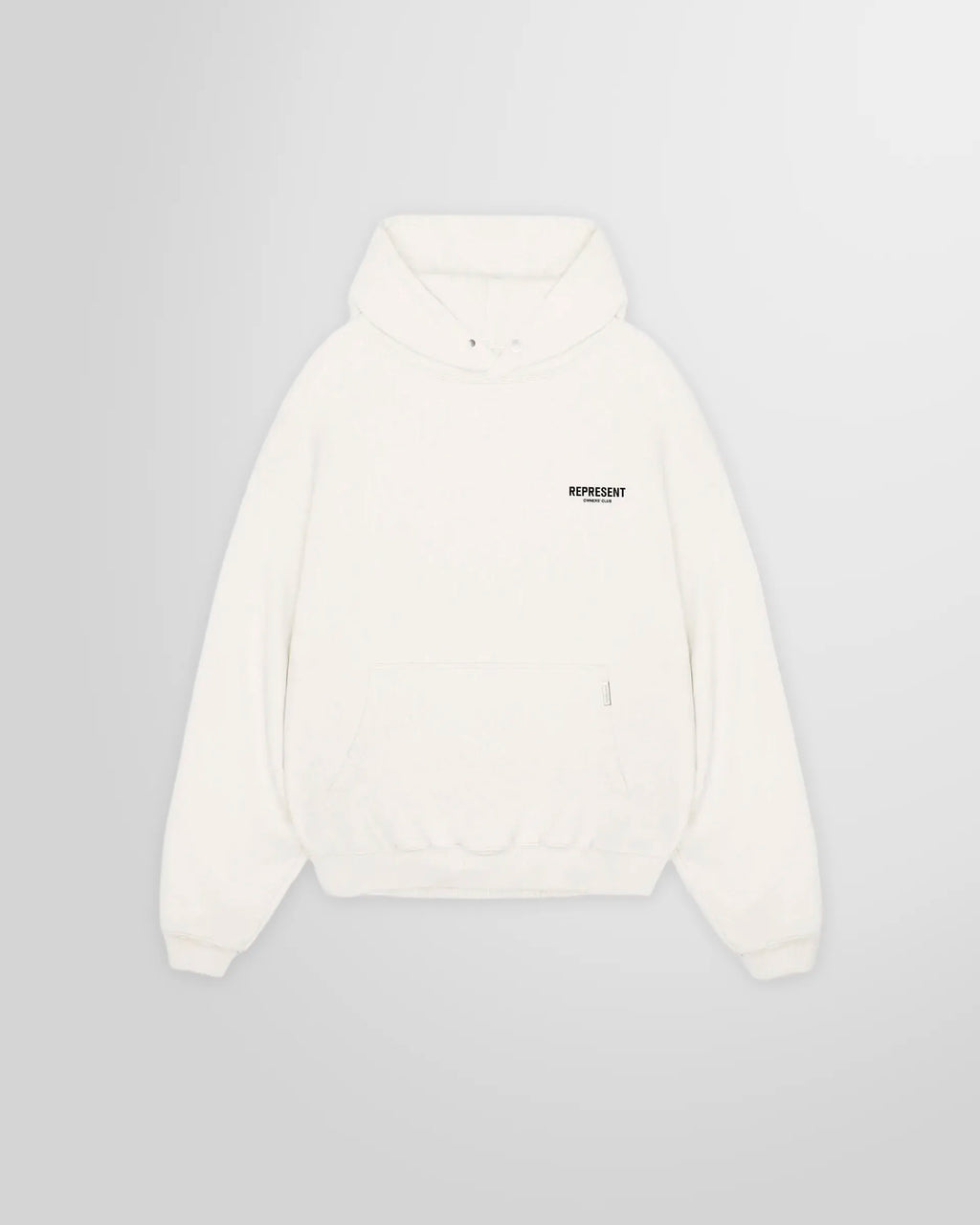 Front view of the Represent Owners' Club Hoodie in Flat White, showing the chest logo.