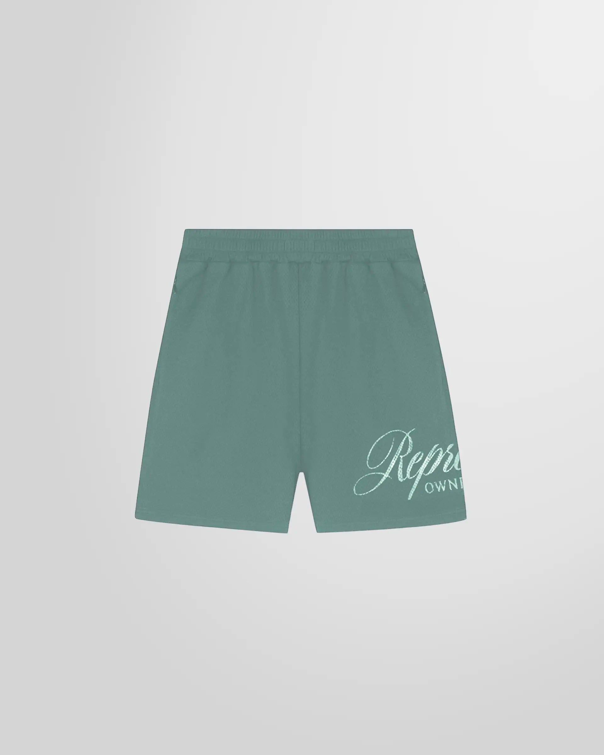 Front view of the Represent Owners’ Club Script Mesh Shorts in Vintage Green.