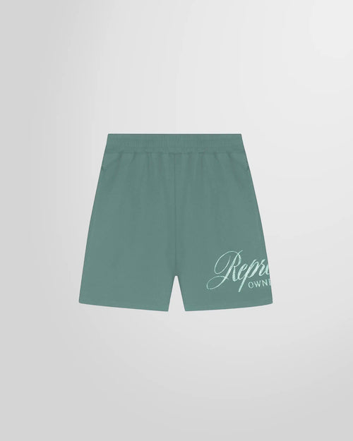 Front view of the Represent Owners’ Club Script Mesh Shorts in Vintage Green.