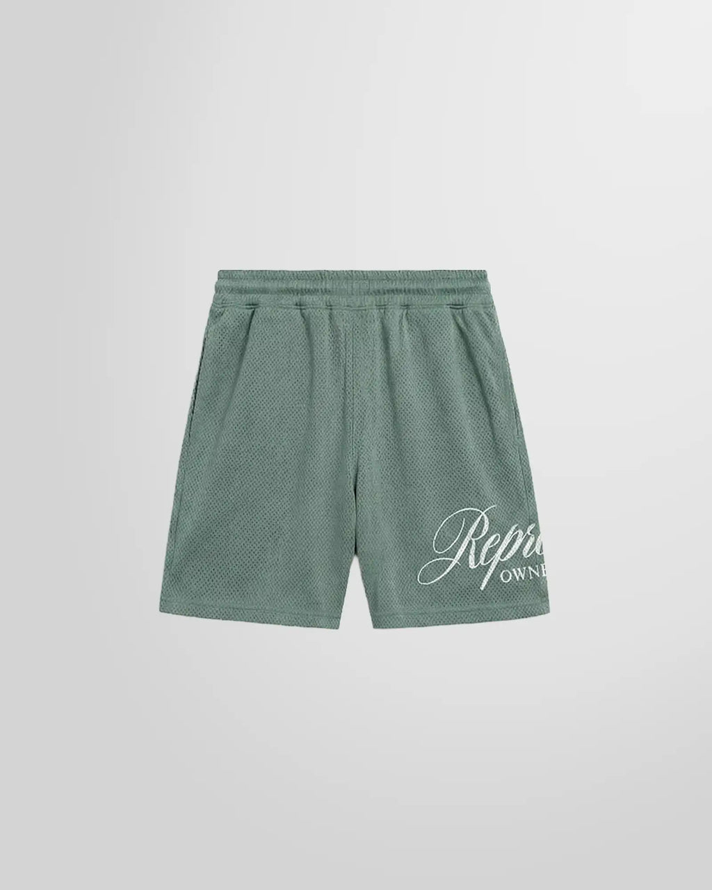 Front view of the Represent Owners’ Club Script Mesh Shorts in Vintage Green.