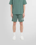 Front view of a model wearing the Represent Owners’ Club Script Mesh Shorts in Vintage Green.