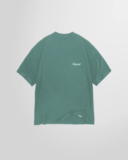 Front view of the Represent Owners’ Club Script T‑Shirt in Vintage Green with script print.