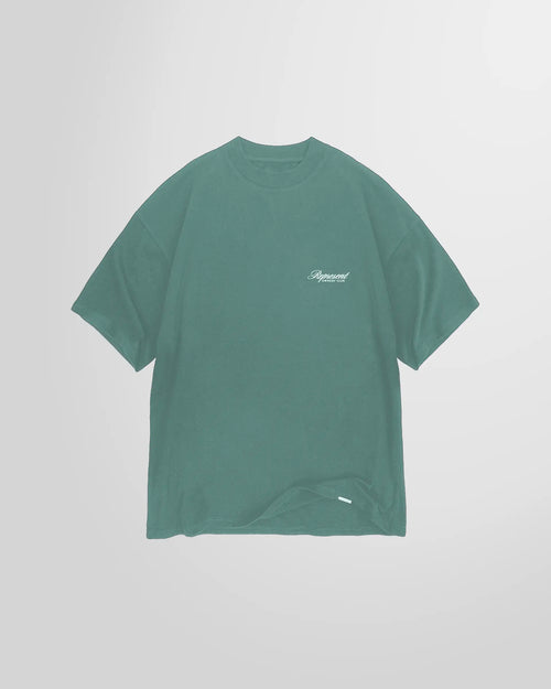 Front view of the Represent Owners’ Club Script T‑Shirt in Vintage Green with script print.