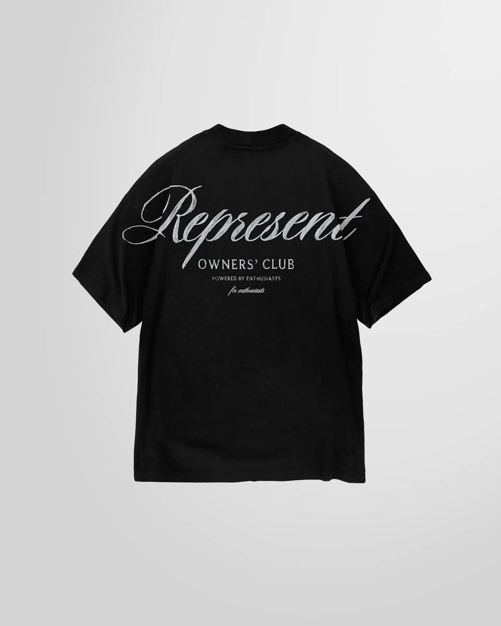 Back of the Represent Owners Club Script T-Shirt, displaying the large paint brush style script graphic.