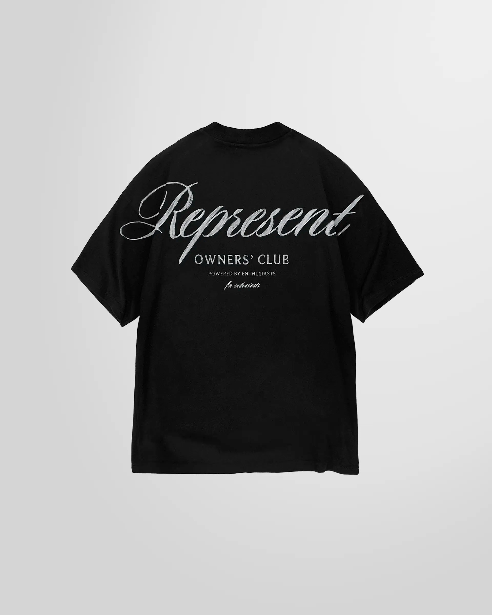Back of the Represent Owners Club Script T-Shirt, displaying the large paint brush style script graphic.