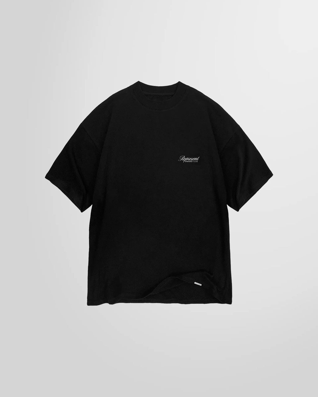 Front view of the Represent Owners Club Script T-Shirt in black.
