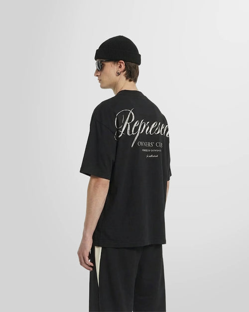 Back view of a model wearing the Represent Owners Club Script T-Shirt in black.