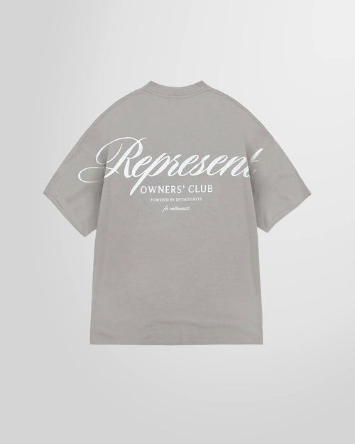 Back of the Represent Owners Club Script T-Shirt, displaying the large script branding in slate.