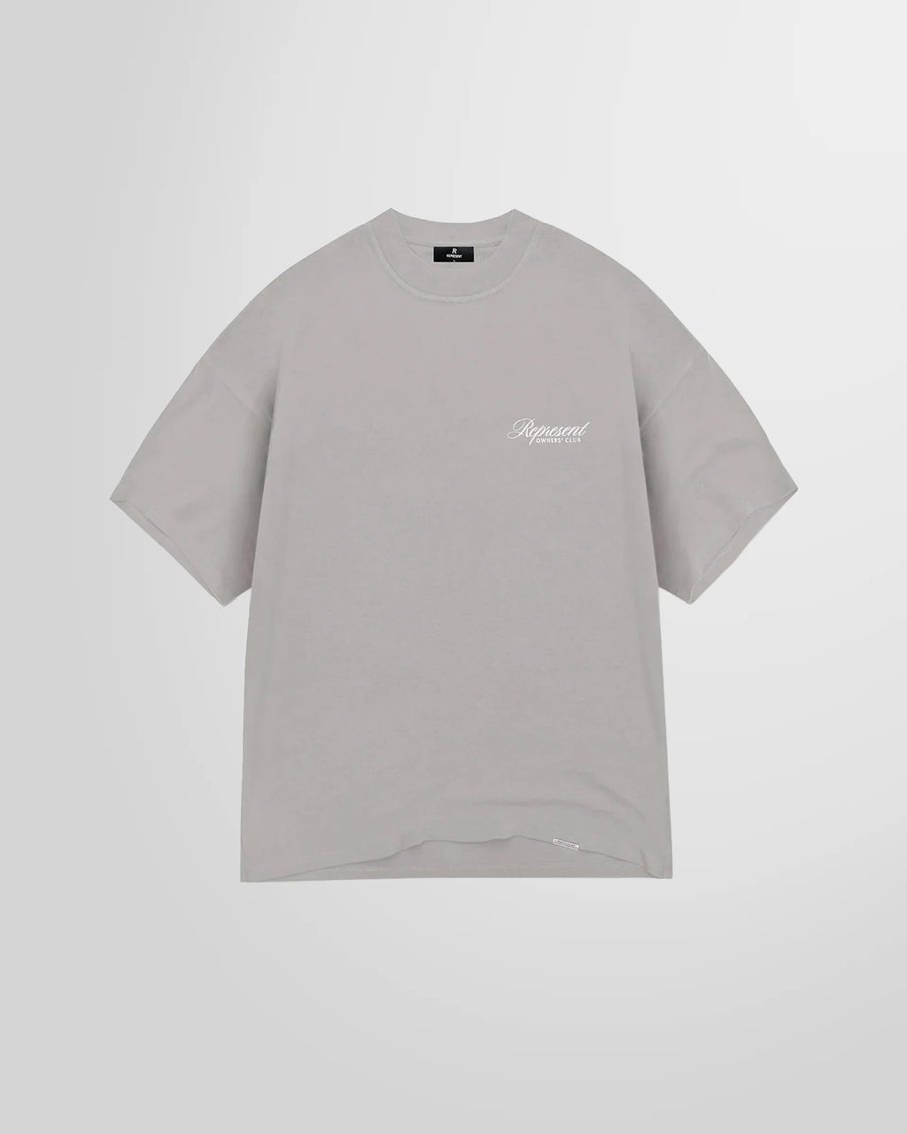 Front view of the Represent Owners Club Script T-Shirt in slate, showing the chest script logo.