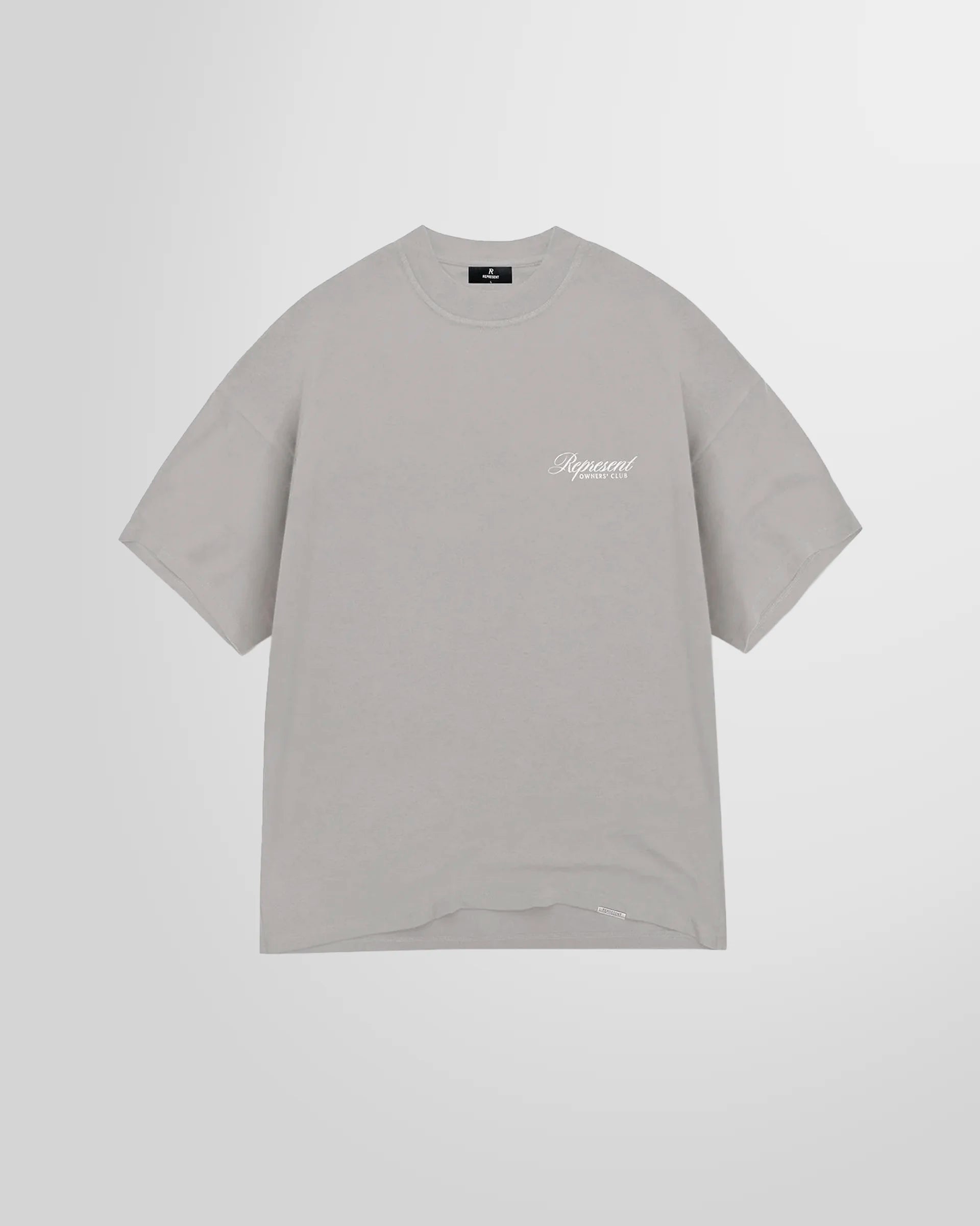 Front view of the Represent Owners Club Script T-Shirt in slate, showing the chest script logo.
