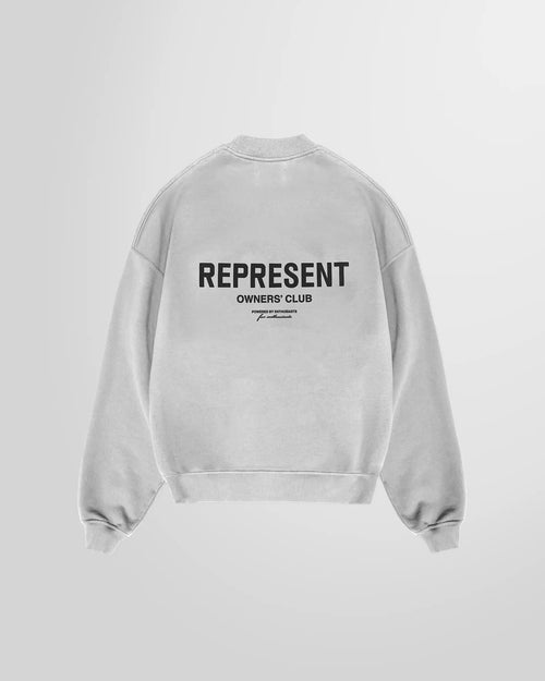 Back of the ash grey Represent Owners' Club Sweater, displaying the large black graphic print.