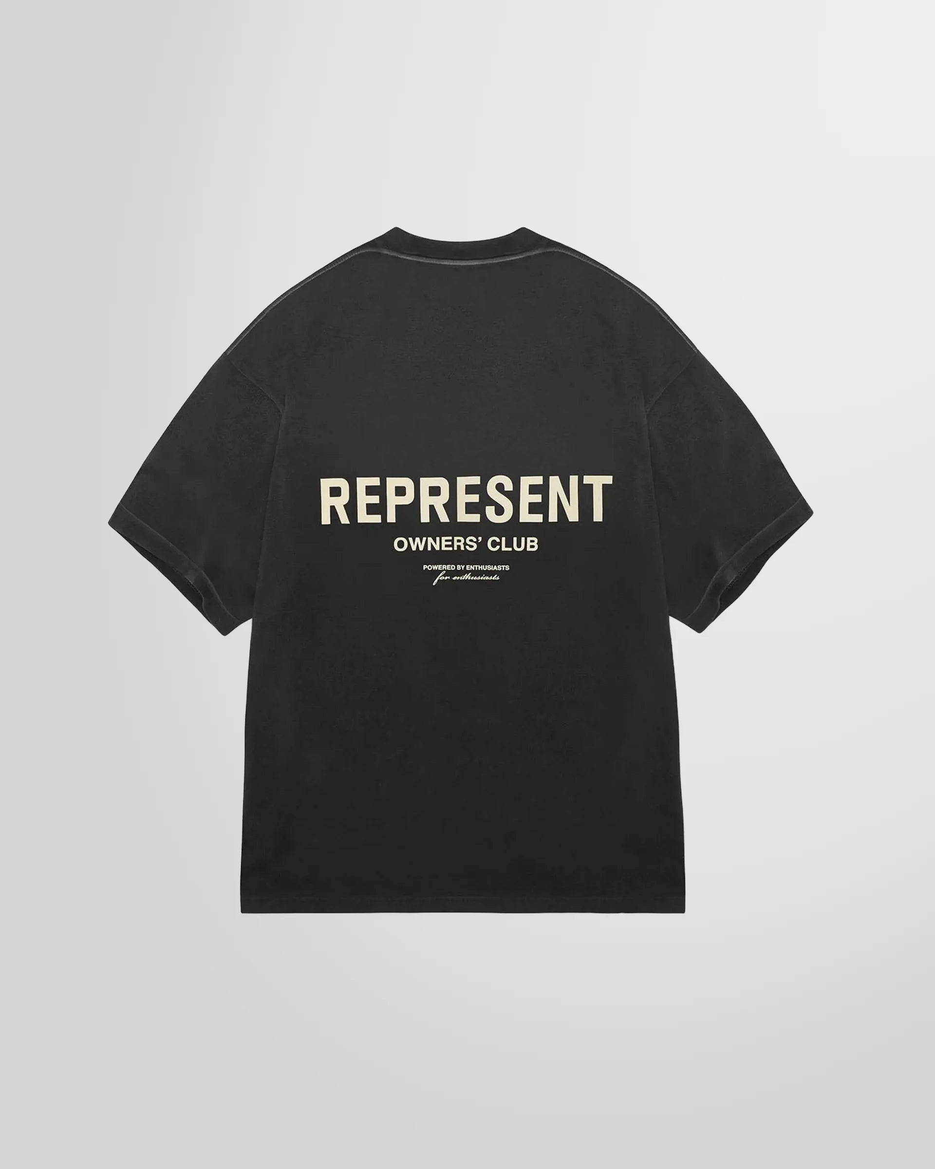 Back view of the Represent Owners Club T-Shirt, displaying the large high-build branding in aged black.