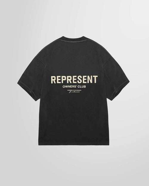 Back view of the Represent Owners Club T-Shirt, displaying the large high-build branding in aged black.