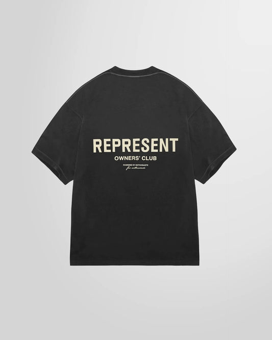 Back view of the Represent Owners Club T-Shirt, displaying the large high-build branding in aged black.