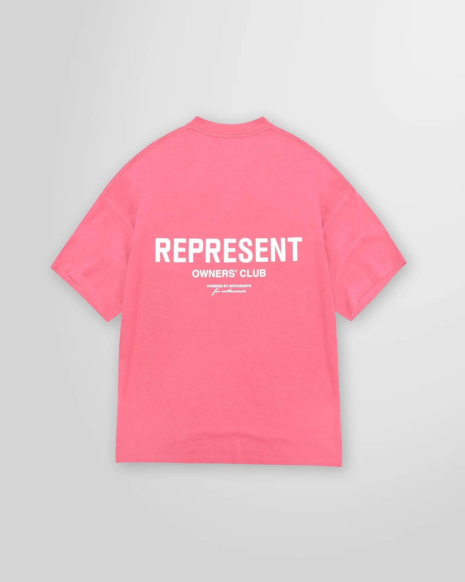 Back view of the Represent Owners Club Pink T-Shirt showing the white brand logo print in the center of the back.