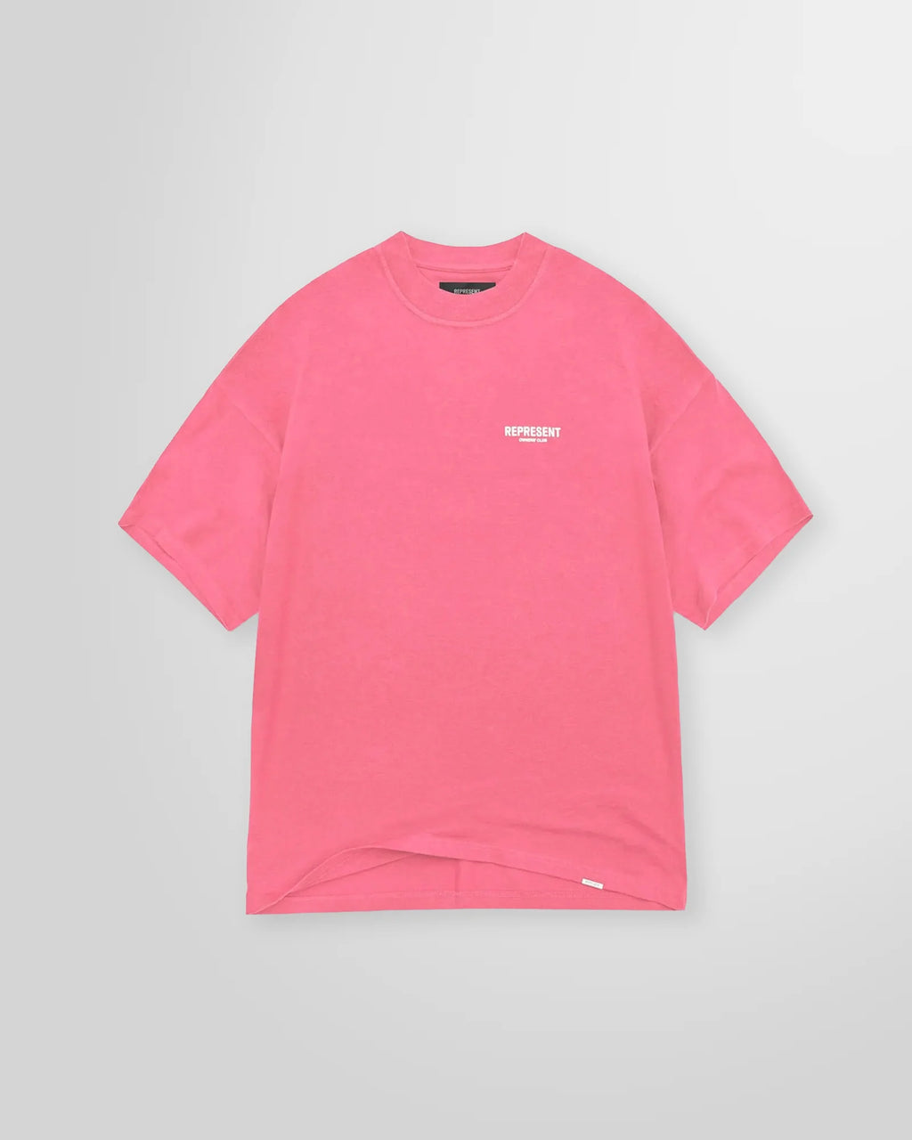 Front view of the Represent Owners Club Pink T-Shirt with small brand logo print in white.