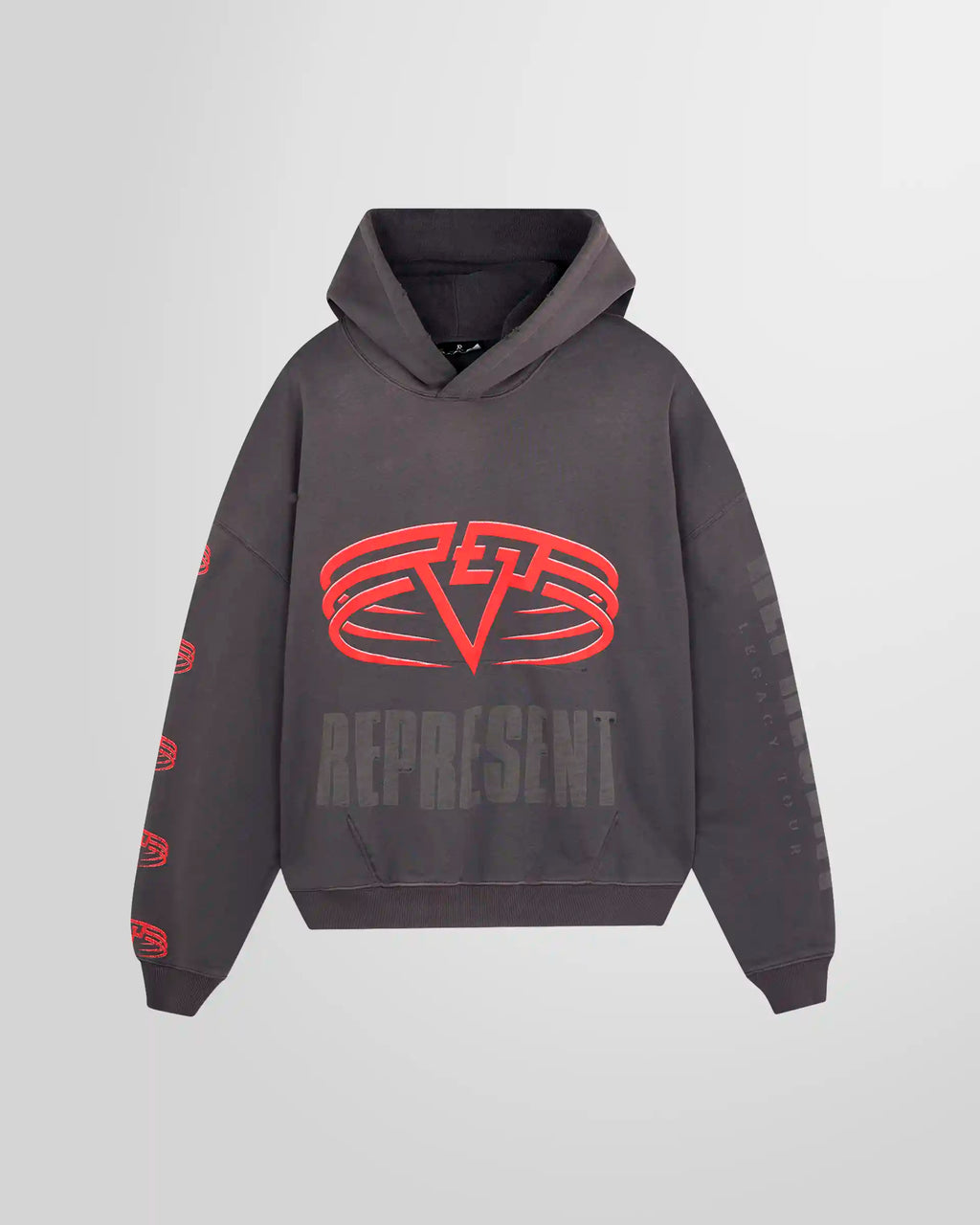 Front view of the Represent Reversible Living Legacy Tour Hoodie in Sun Fade Grey, oversized boxy fit.