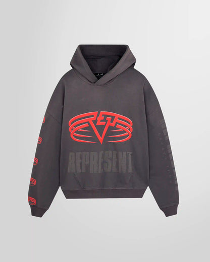 Front view of the Represent Reversible Living Legacy Tour Hoodie in Sun Fade Grey, oversized boxy fit.
