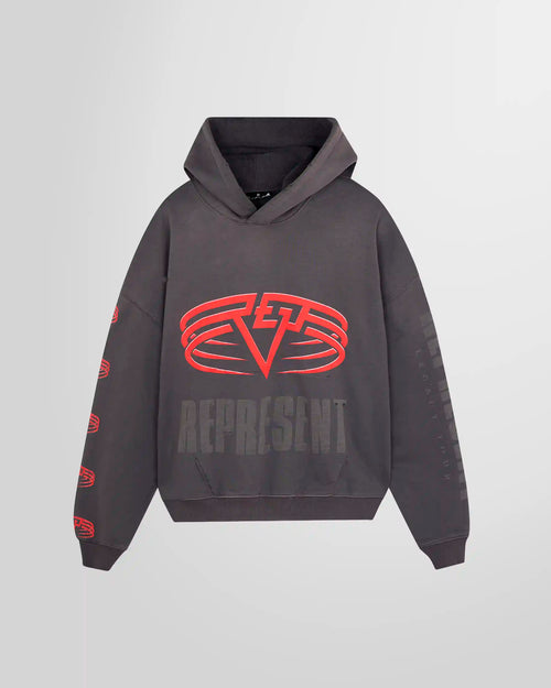Front view of the Represent Reversible Living Legacy Tour Hoodie in Sun Fade Grey, oversized boxy fit.
