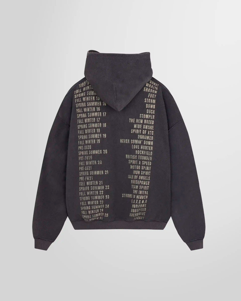 Inside Back view of the Represent Reversible Living Legacy Tour Hoodie in Sun Fade Grey, oversized boxy fit.