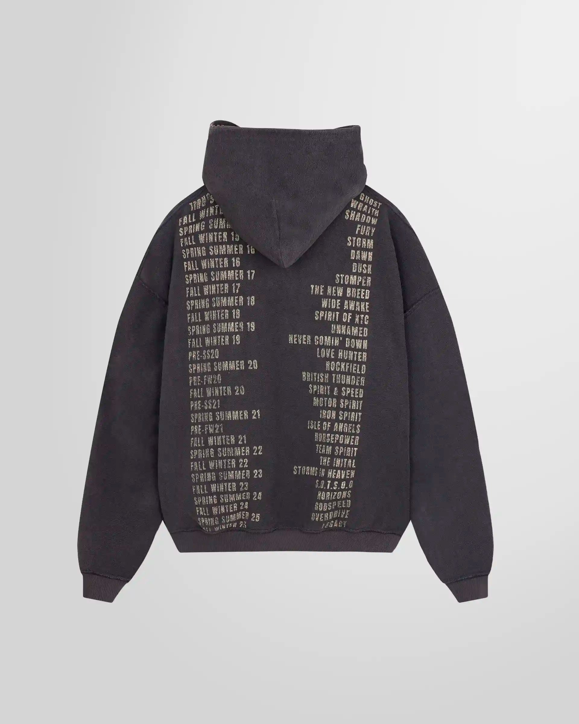 Inside Back view of the Represent Reversible Living Legacy Tour Hoodie in Sun Fade Grey, oversized boxy fit.