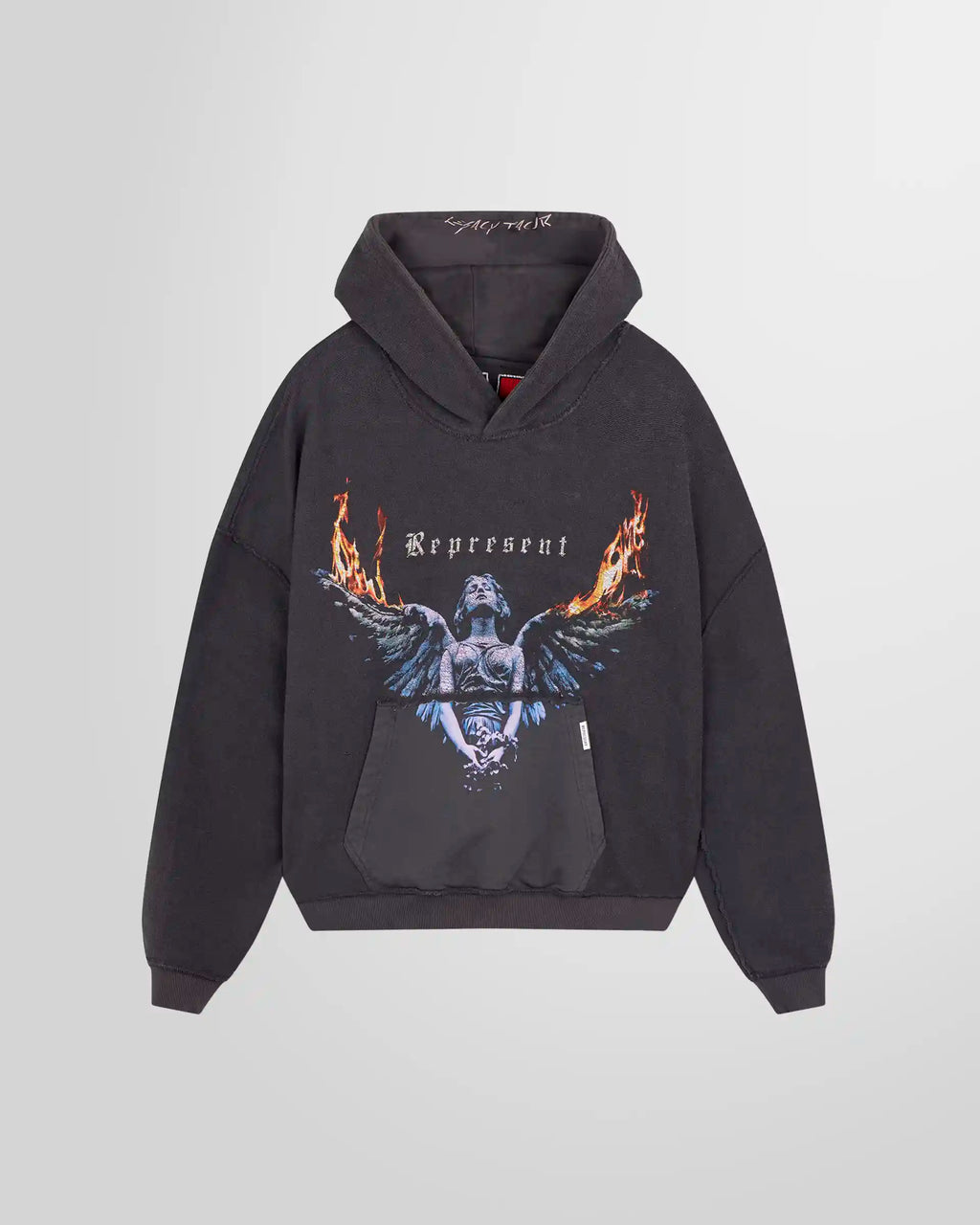 Inside Front view of the Represent Reversible Living Legacy Tour Hoodie in Sun Fade Grey, oversized boxy fit.