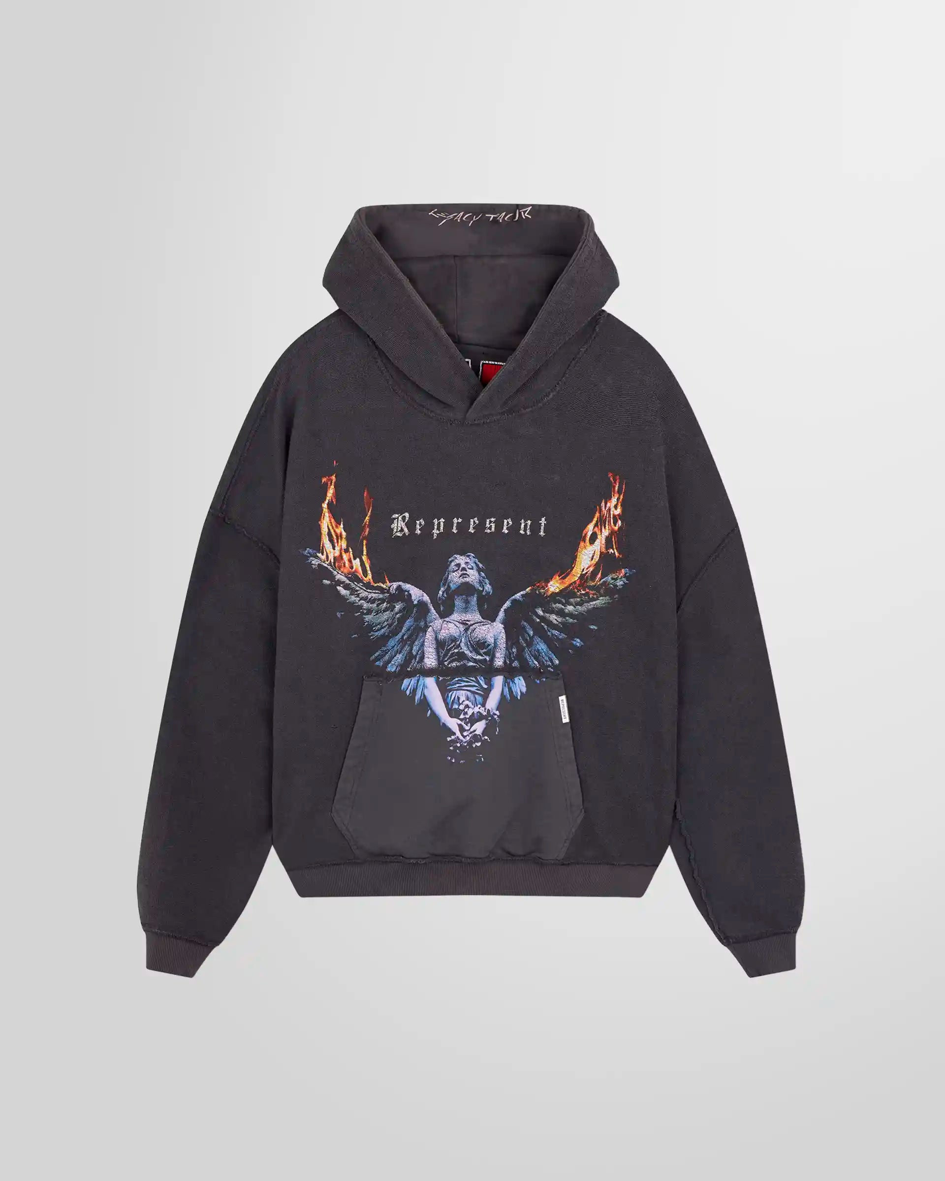 Inside Front view of the Represent Reversible Living Legacy Tour Hoodie in Sun Fade Grey, oversized boxy fit.