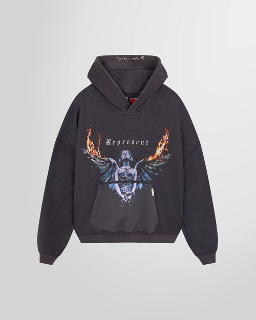 Inside Front view of the Represent Reversible Living Legacy Tour Hoodie in Sun Fade Grey, oversized boxy fit.