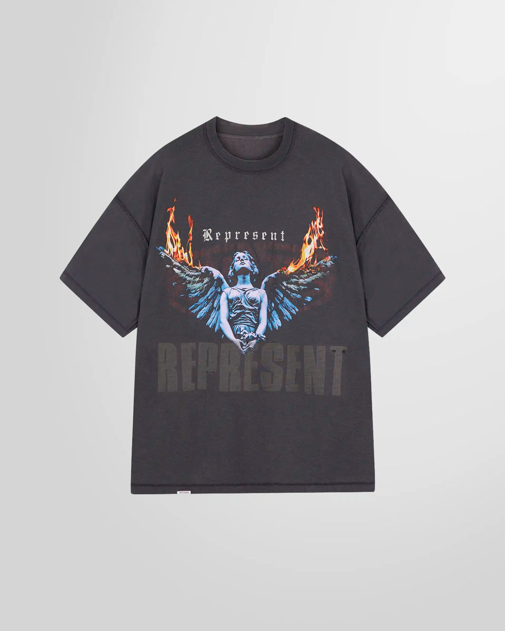 Front inside view showing the mixed print  of the reversible tee in Sun Fade Grey.