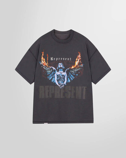 Front inside view showing the mixed print  of the reversible tee in Sun Fade Grey.