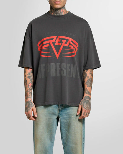 Model wearing the Sun Fade Grey reversible tee, front view, oversized fit.