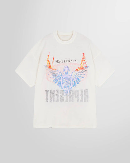 Inside front view of the Represent Reversible Living Legacy Tour T‑Shirt in Flat White, oversized boxy fit.