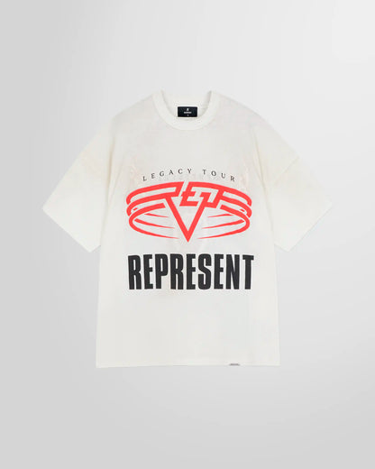 Front view of the Represent Reversible Living Legacy Tour T‑Shirt in Flat White, oversized boxy fit.
