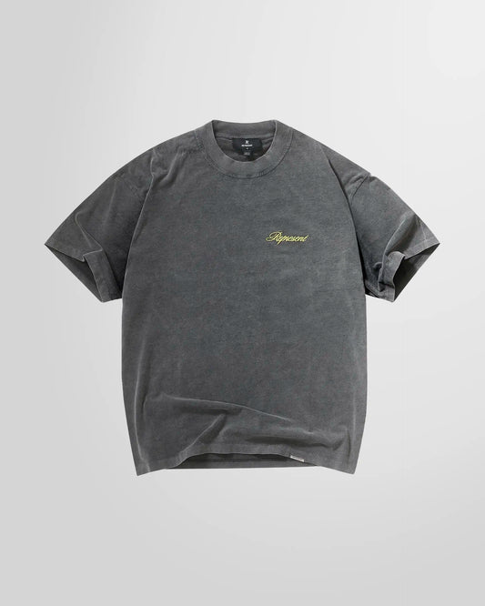 Front view of the Represent Script Logo T-Shirt in vintage grey.