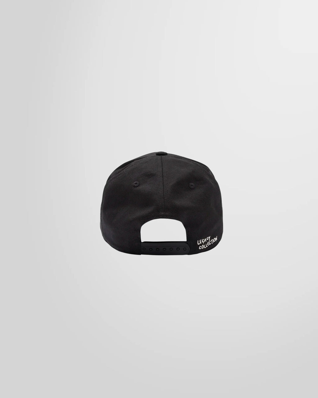 Back view of the black Represent cap, showing the adjustable snapback fastening
