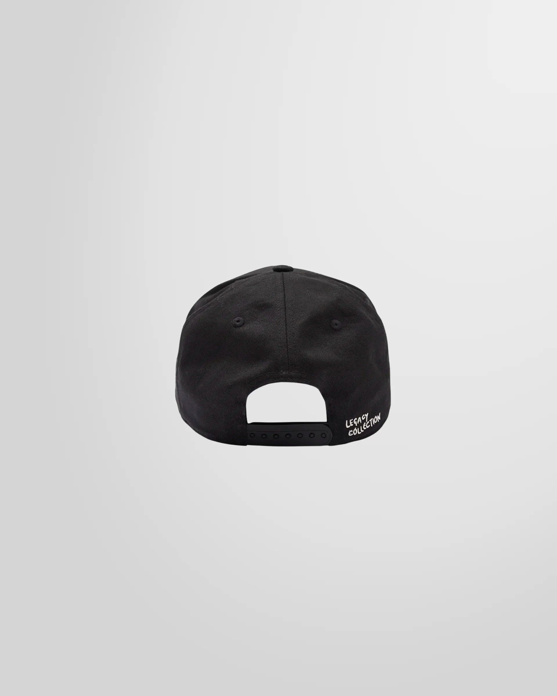 Back view of the black Represent cap, showing the adjustable snapback fastening