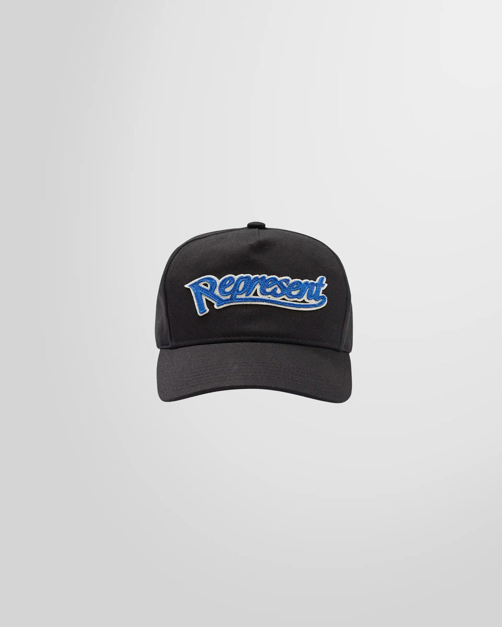 Front view of the Represent Showcasing Cap in black, highlighting the raised logo embroidery in contrast blue.