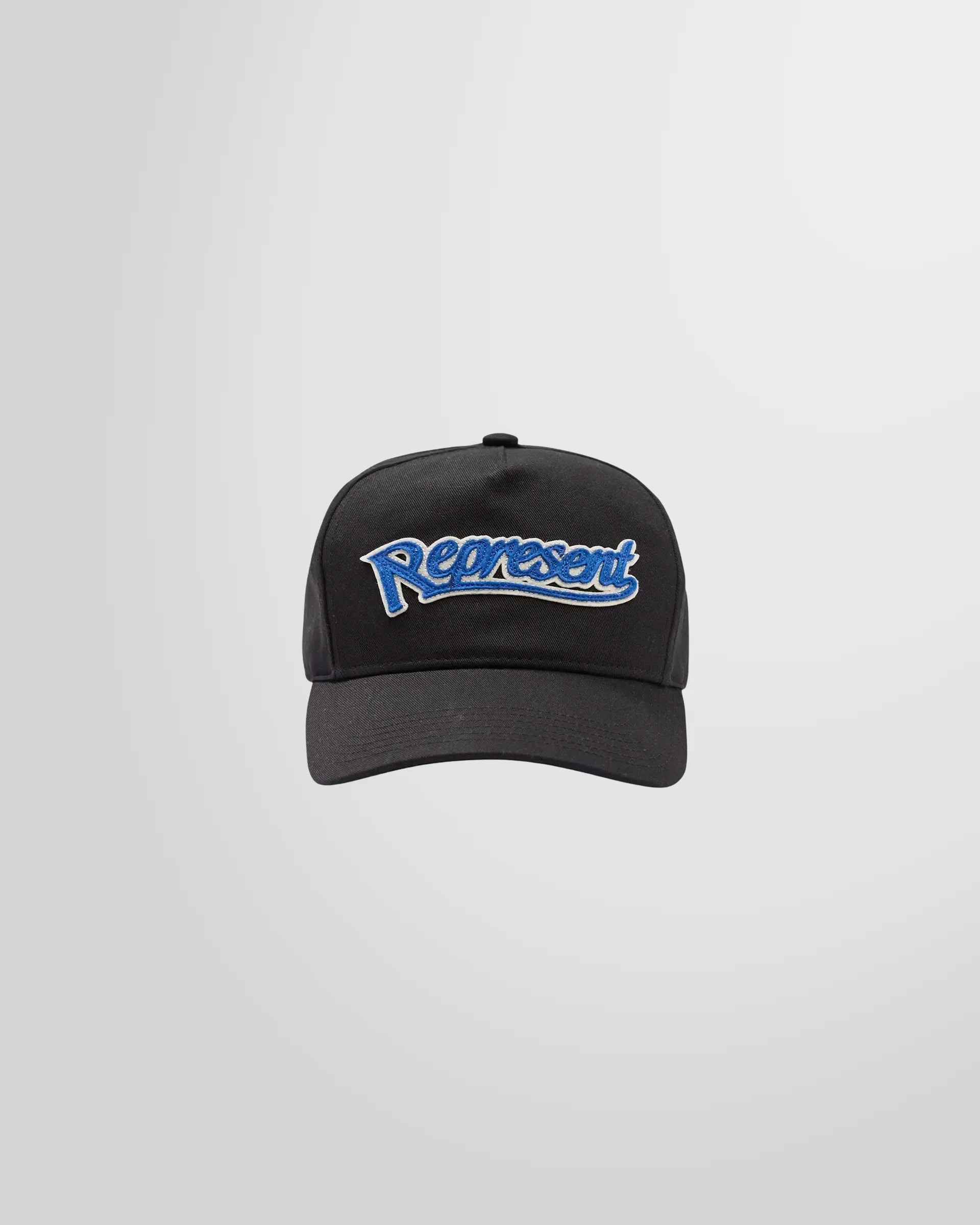 Front view of the Represent Showcasing Cap in black, highlighting the raised logo embroidery in contrast blue.