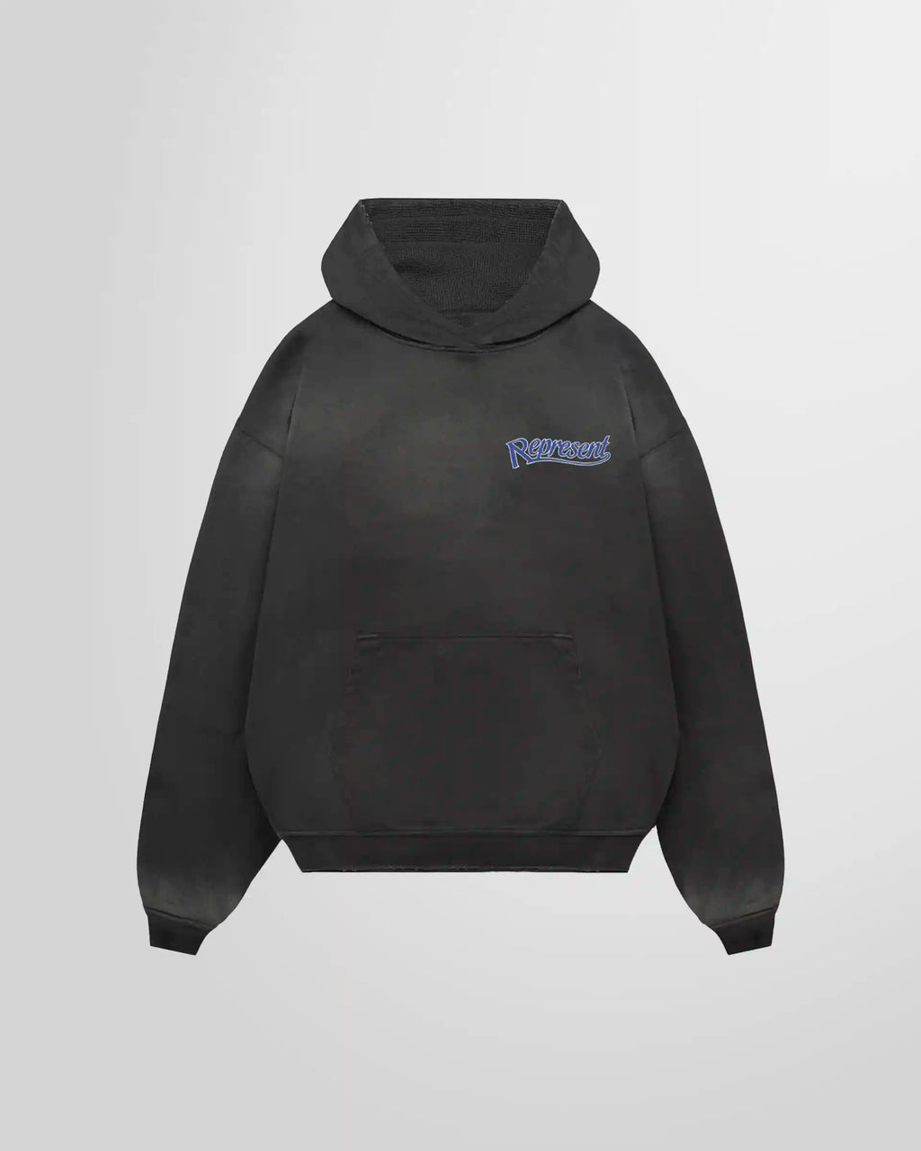 Front view of the Represent Showcasing Hoodie in Stained Black with chest script.