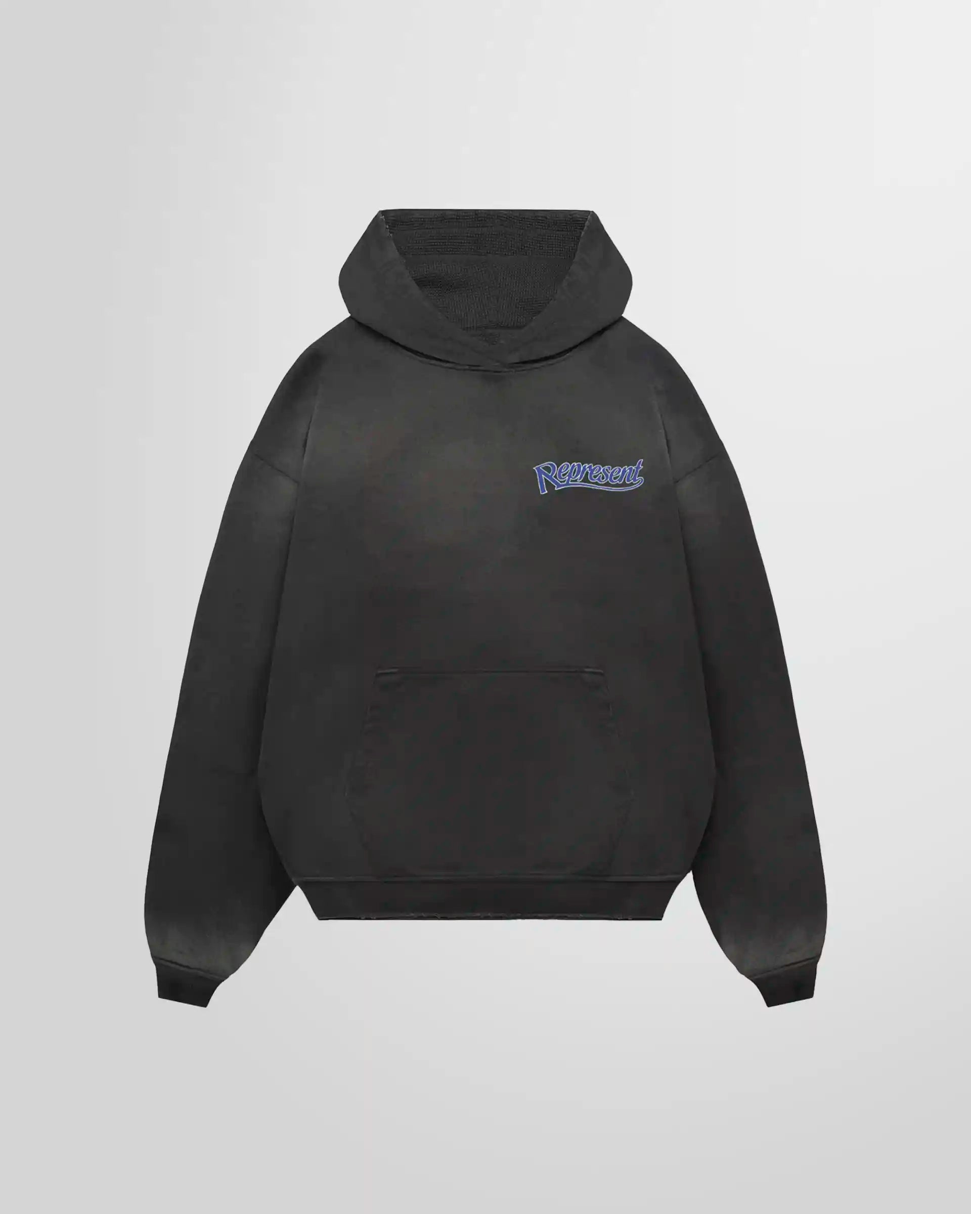 Front view of the Represent Showcasing Hoodie in Stained Black with chest script.