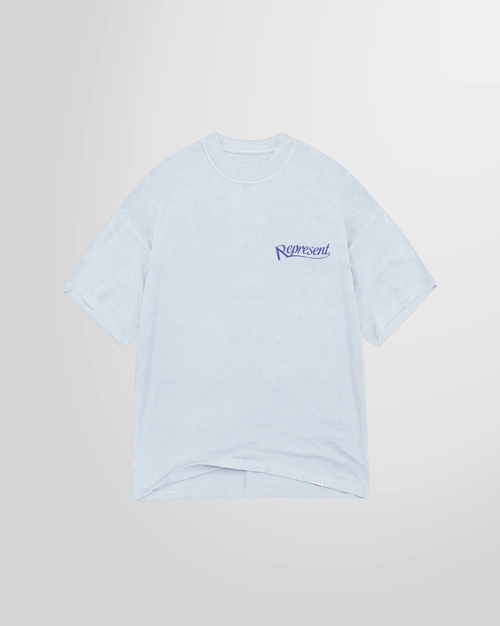 Front view of the Represent Showcasing T‑Shirt in Cloud with small script logo at chest.
