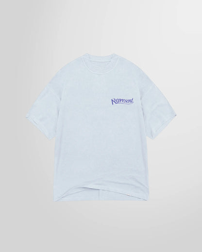 Front view of the Represent Showcasing T‑Shirt in Cloud with small script logo at chest.