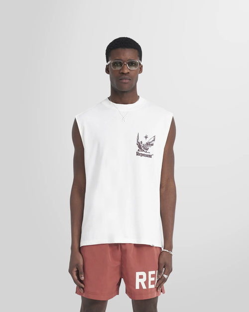 Model wearing the white Represent Spirit Of Summer graphic tank.