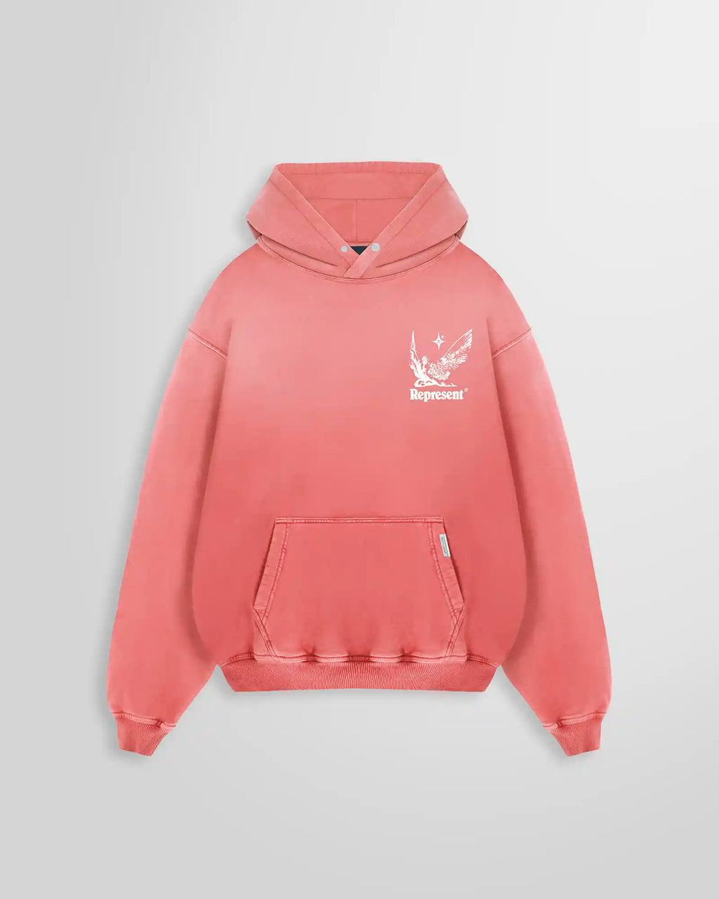 Front view of the Represent Spirits of Summer Hoodie, showcasing the unique Sunrise gradient wash and puff print chest graphic.