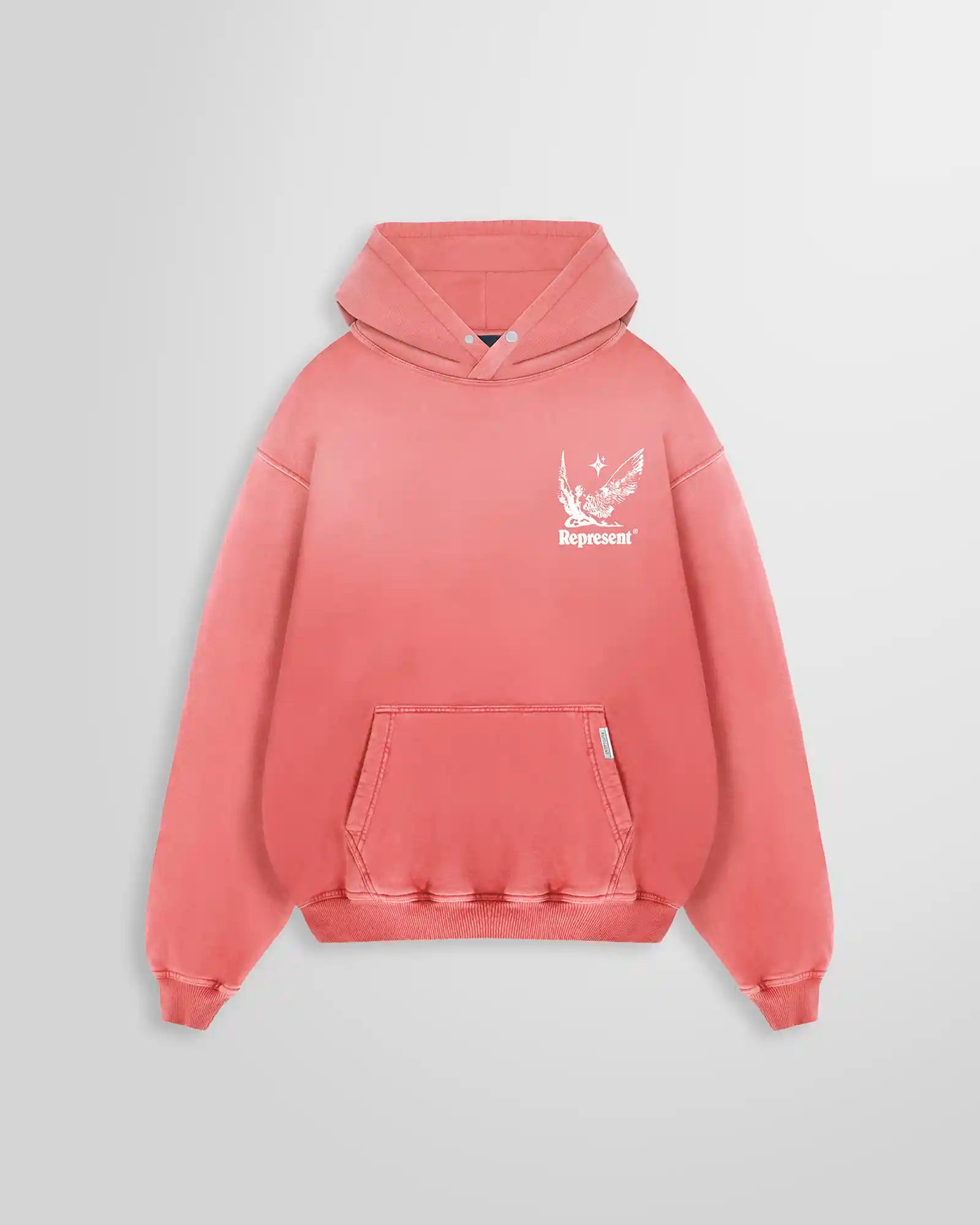 Front view of the Represent Spirits of Summer Hoodie, showcasing the unique Sunrise gradient wash and puff print chest graphic.