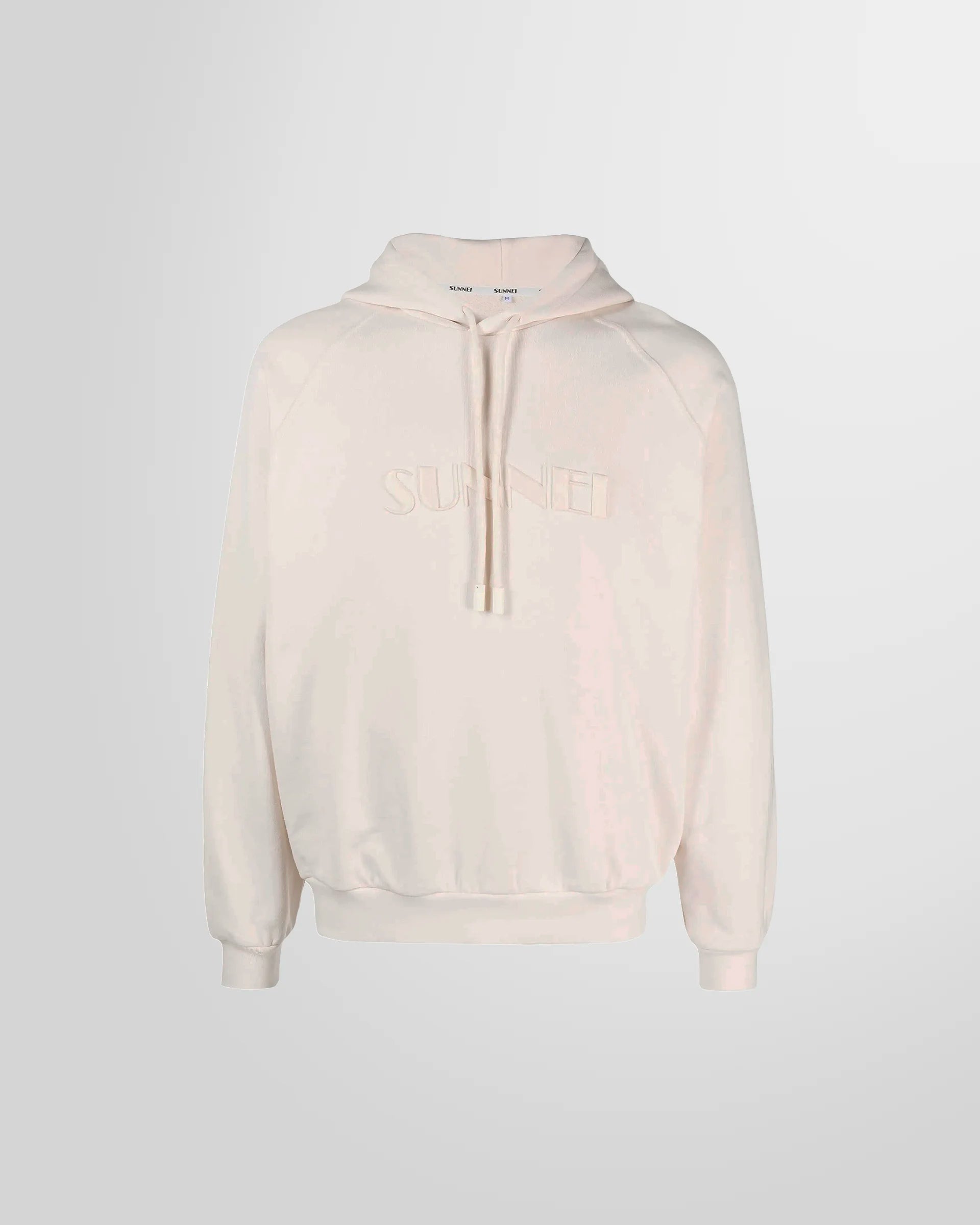 Front view of the Sunnei embroidered logo hoodie in a light beige cotton jersey.