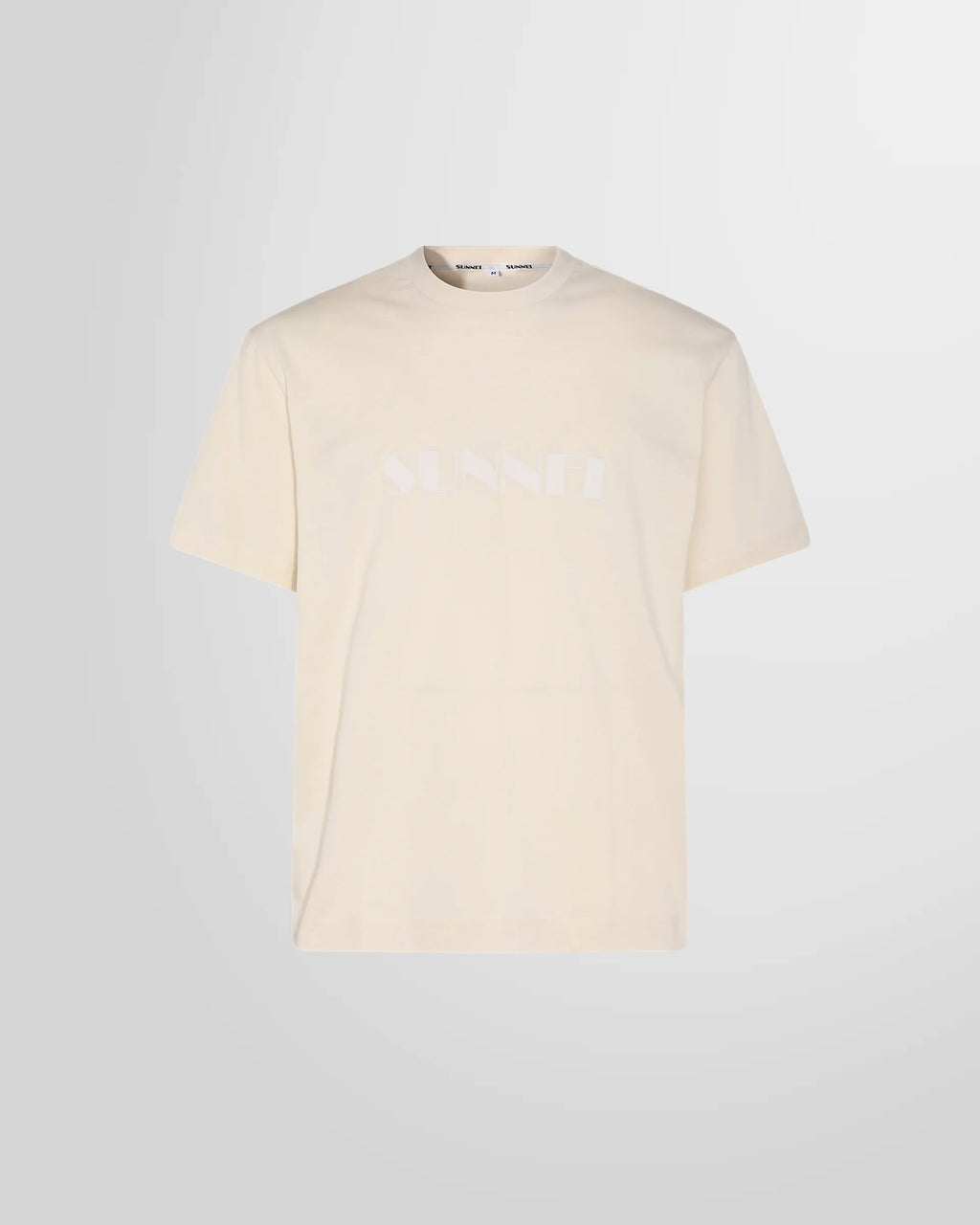 Front view of the Sunnei logo print t-shirt in a light beige cotton.