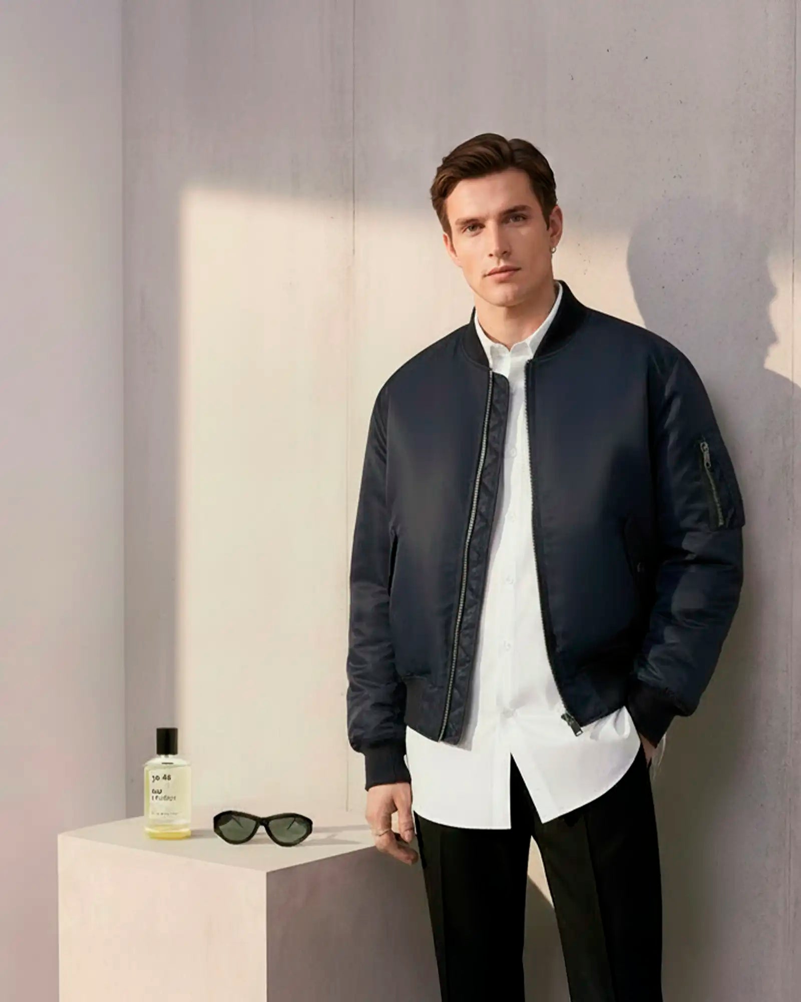 The Minimalist collection hero with clean, monochrome menswear look.